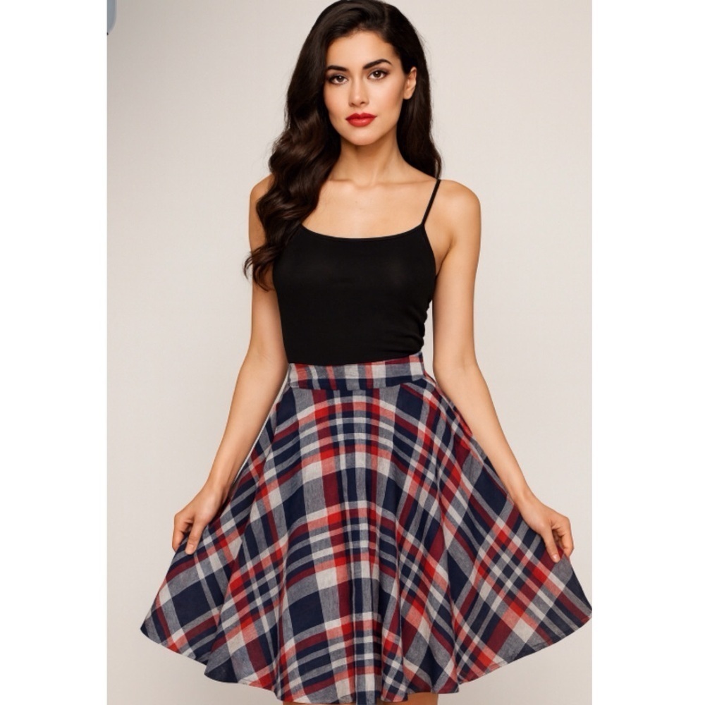 KEITH CHECK RED WHITE BLUE PLAID FULL SWING RETRO COTTAGECORE MIDI SKIRT XS